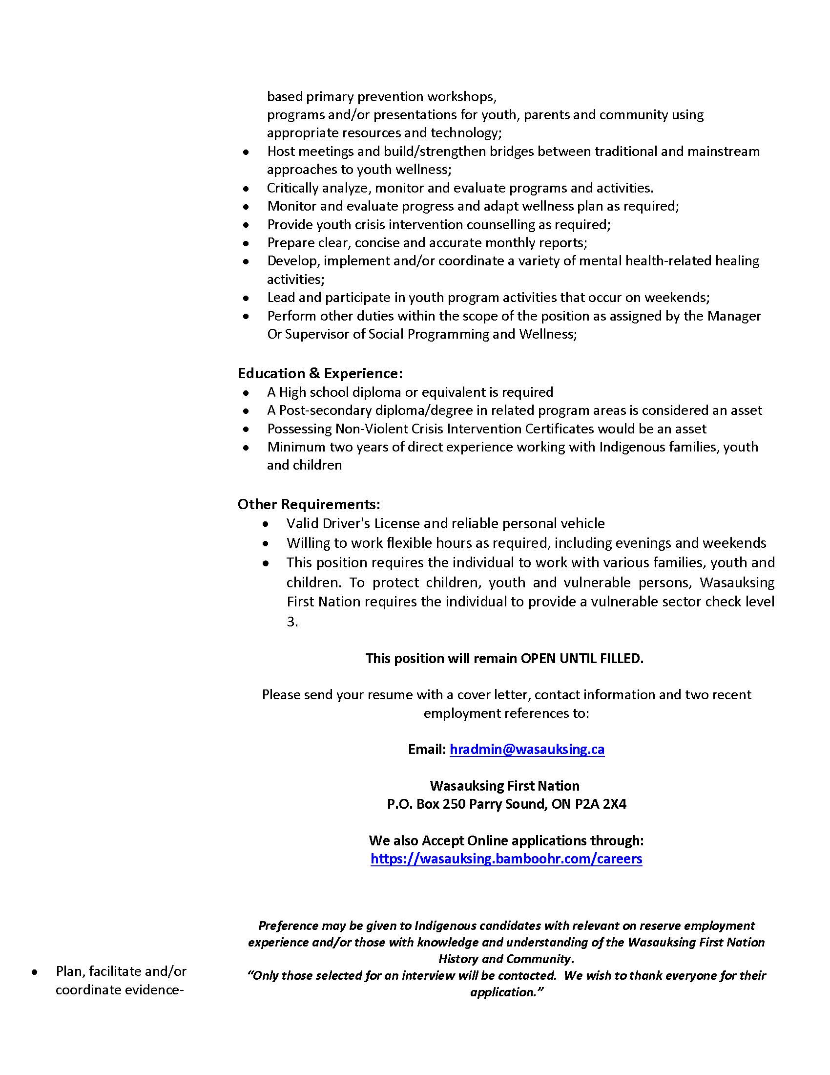 INDF. Social Services Youth Wellness Worker Page 2