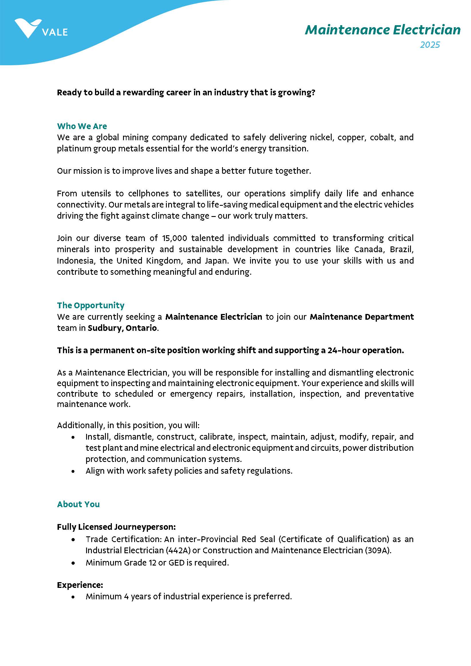 Job Posting Maintenance Electrician Page 1