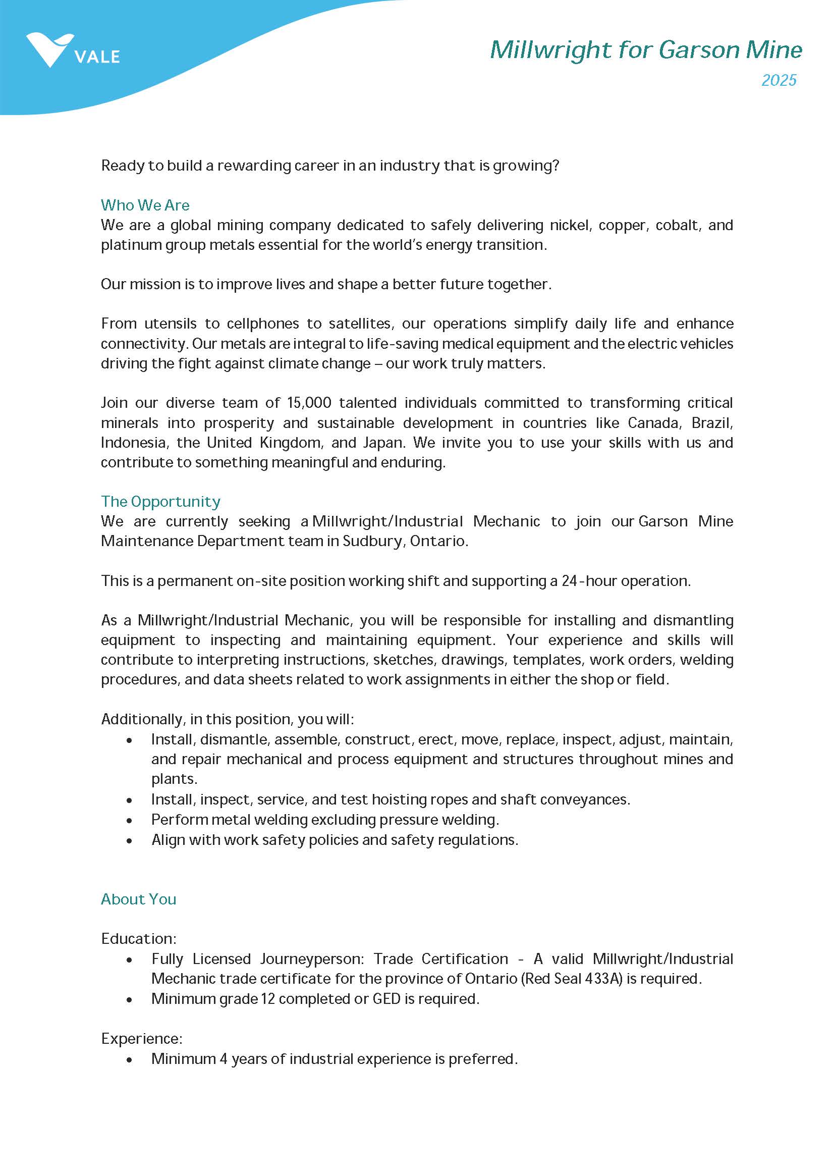 Job Posting Millwright Garson Page 1