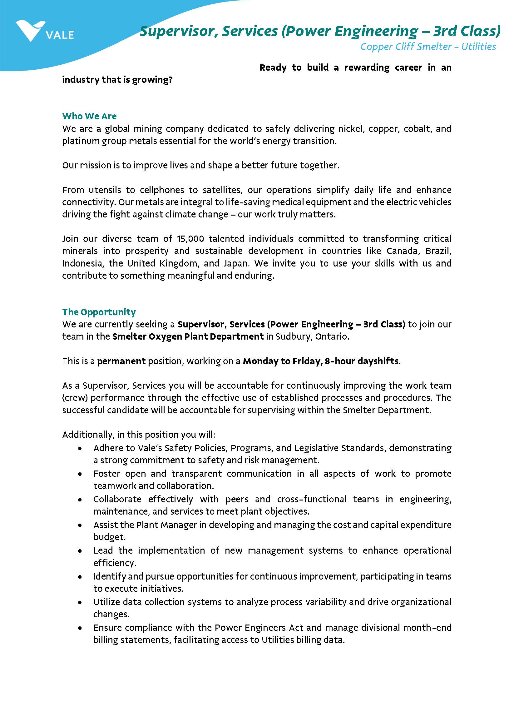 Supervisor Services Smelter Job Posting Page 1
