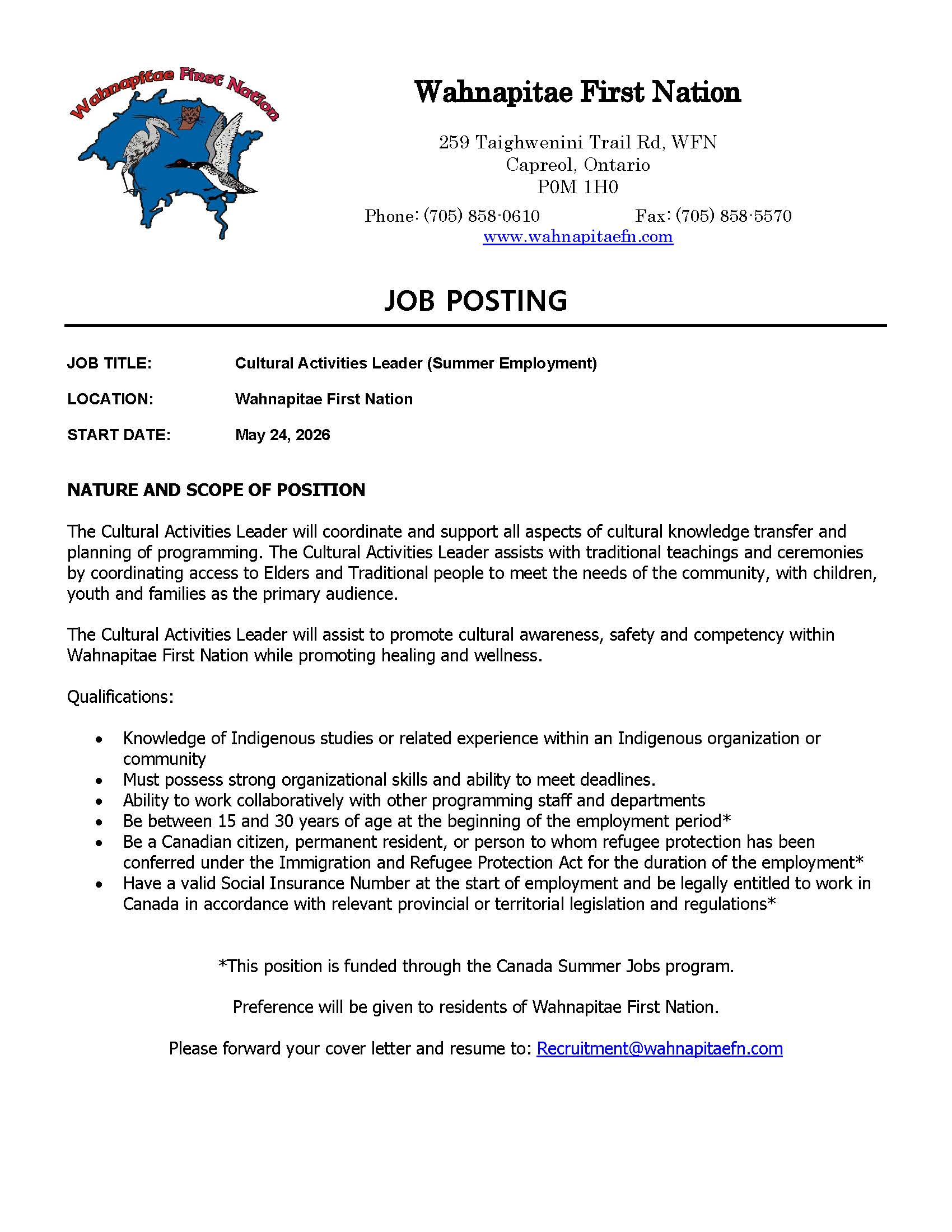 Cultural Activities Leader Summer Employment 2026