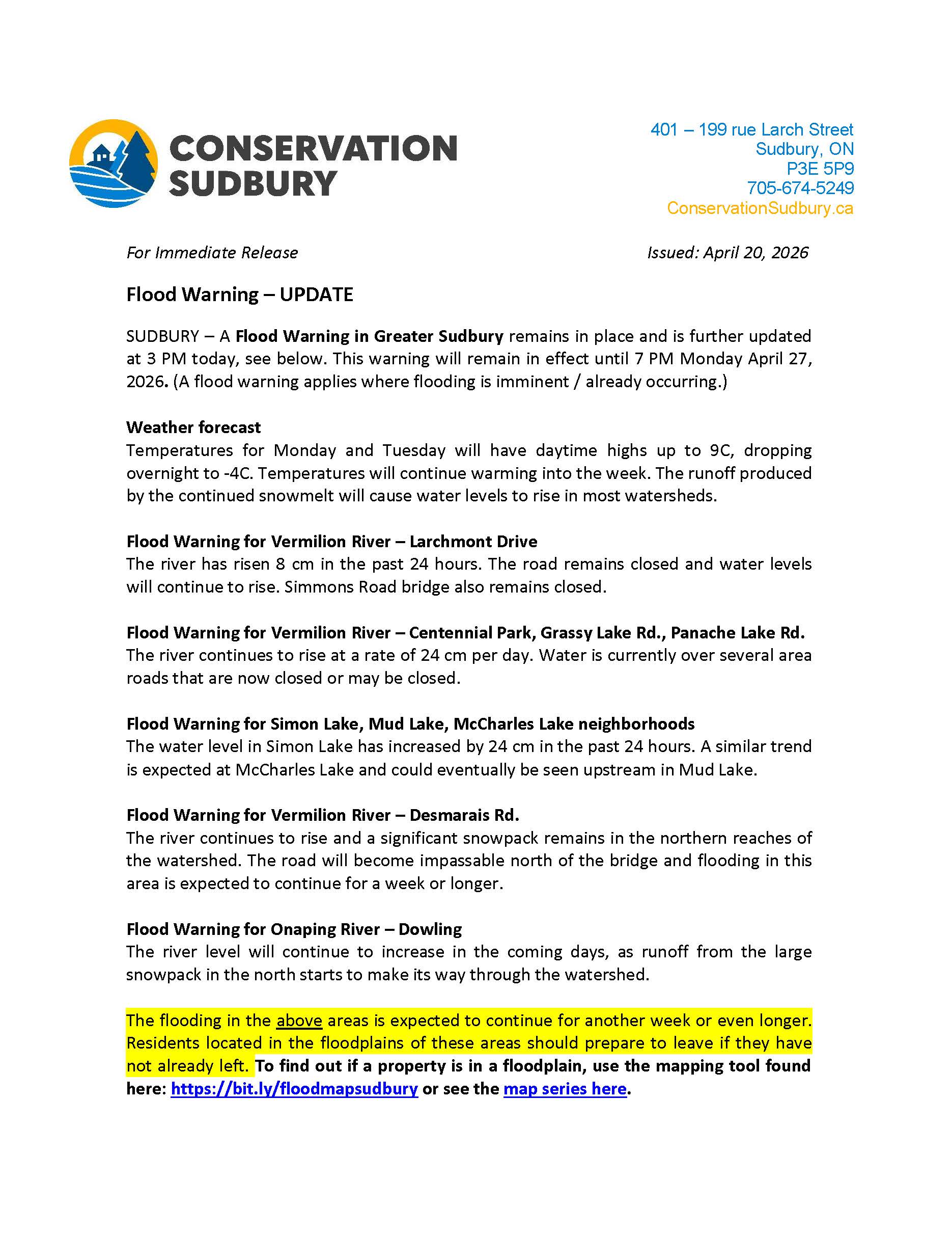 2026 04 20 Flood Warning UPDATE Page 1